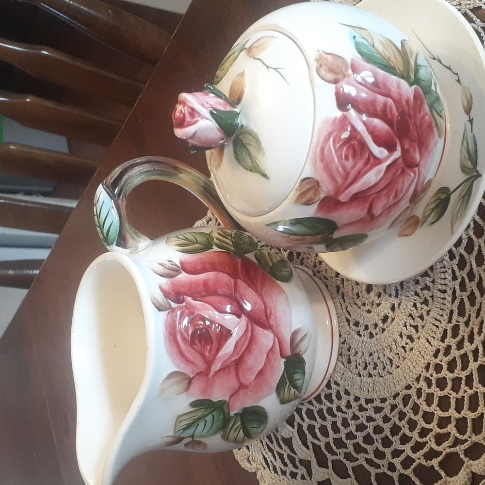 ESD Wild Pink Cabbage Rose Pitcher & Sugar Or Jam Bowl W/lid Set Handpainted Jap